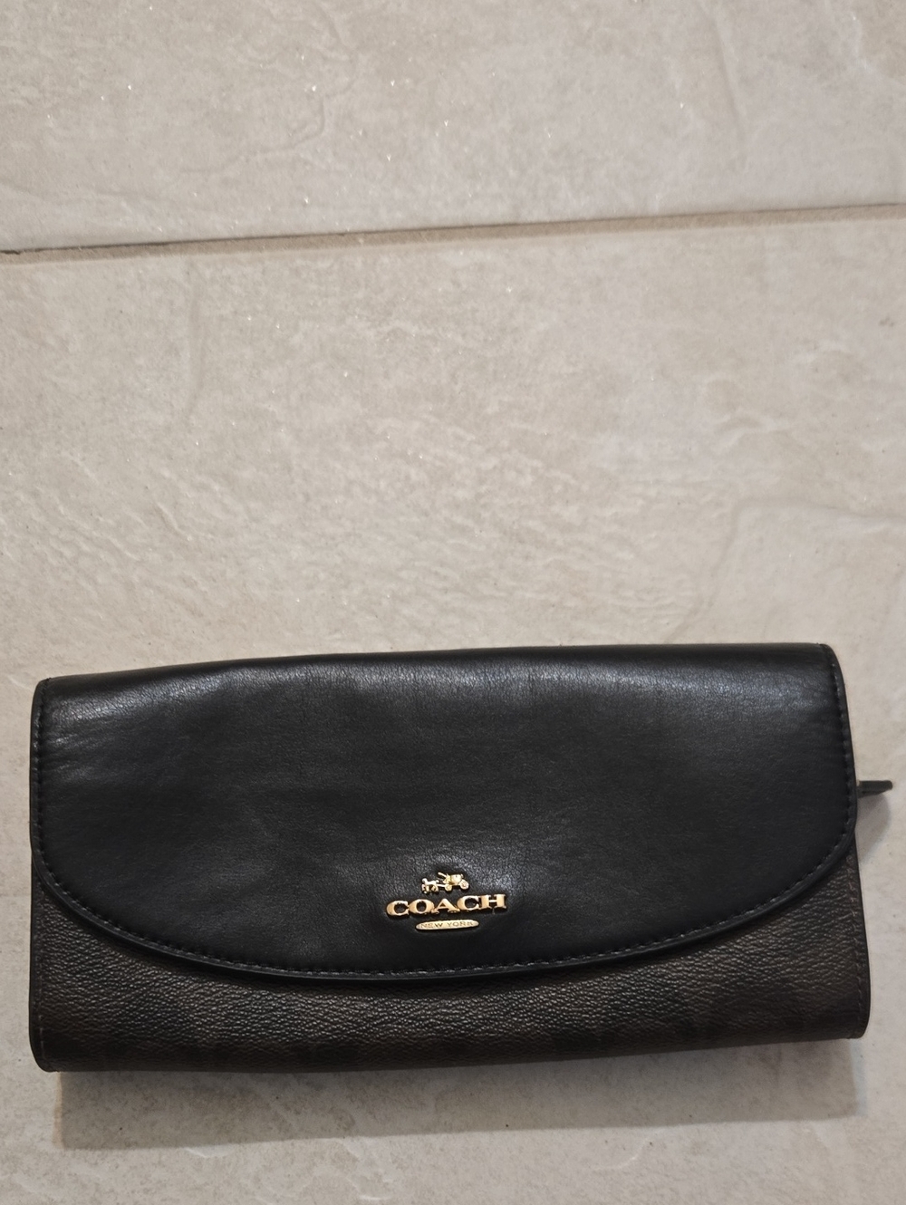 Coach Black Leather Continental Wallet with Gold Logo